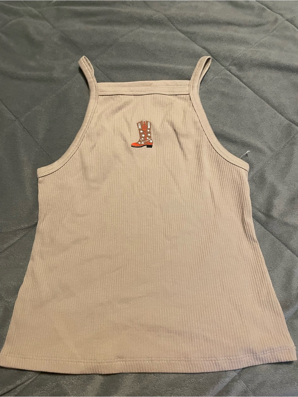 SO Beige Ribbed Halter Tank Top with Orange Cowboy Boot Patch